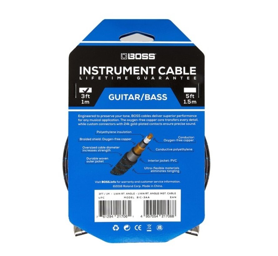 Boss BIC-3AA instrumentkabel 1m - gehoekt