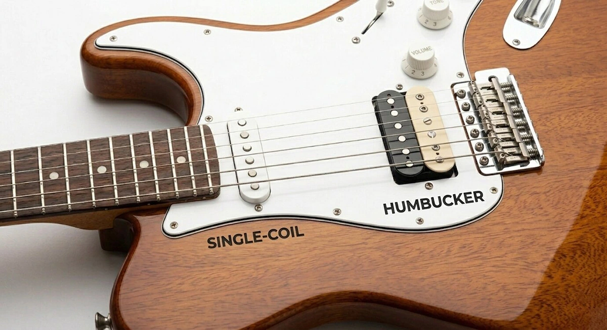 Close-up van een elektrische gitaar body met duidelijke tekstlabels voor het Single-Coil element en het Humbucker element