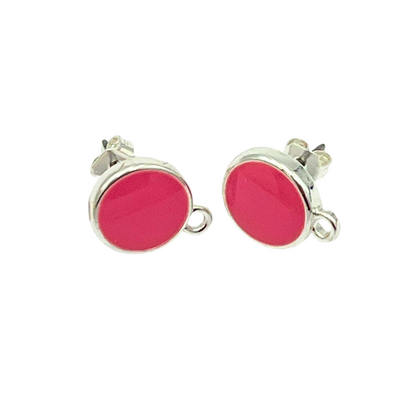 Oorsteker rond met oogje - Roze/zilver - metaal/emaille - 15x12mm