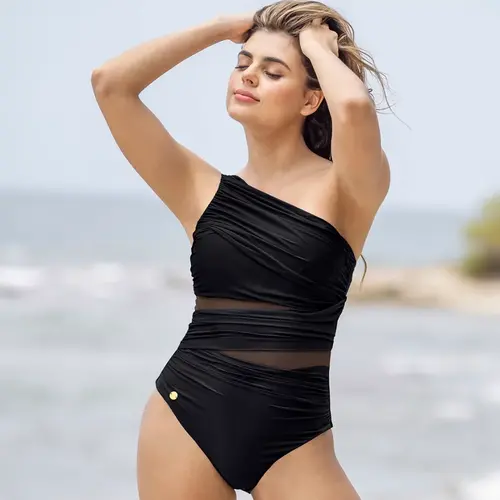 Asymmetrical One Piece Swimsuit with pleats Leonisa | Black