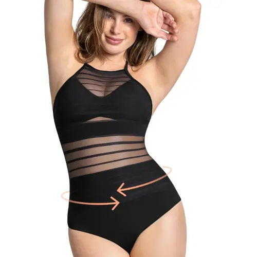 Striped Mesh Overlay Slimming Swimsuit | Black