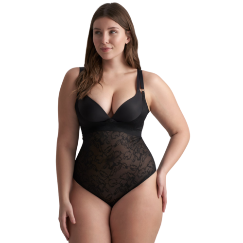 Lacy  Open BustThong Bodysuit Bye Bra | Black