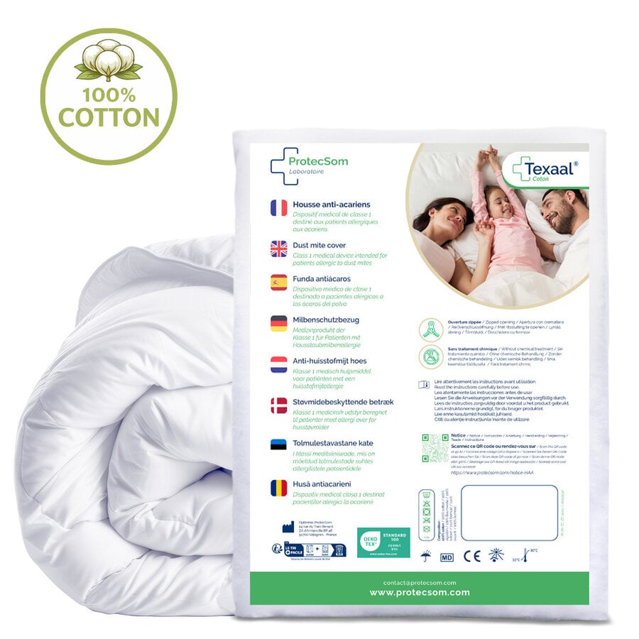 Housse de couette  anti-acariens 140 cm x 200 cm – 100% coton  - Texaal®  - Protecsom-1