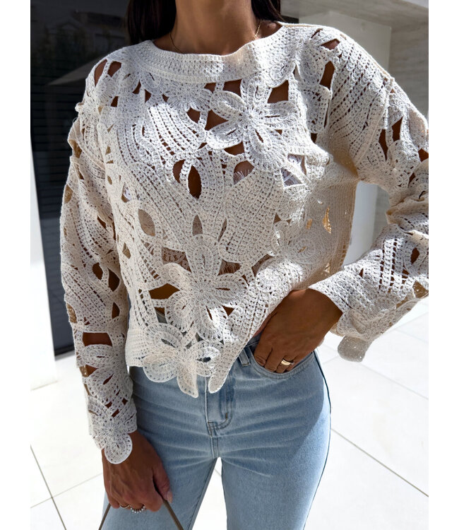 Opengewerkte top ecru