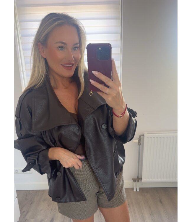 LEATHER EFFECT BOMBER JACKET CHOCOLATE
