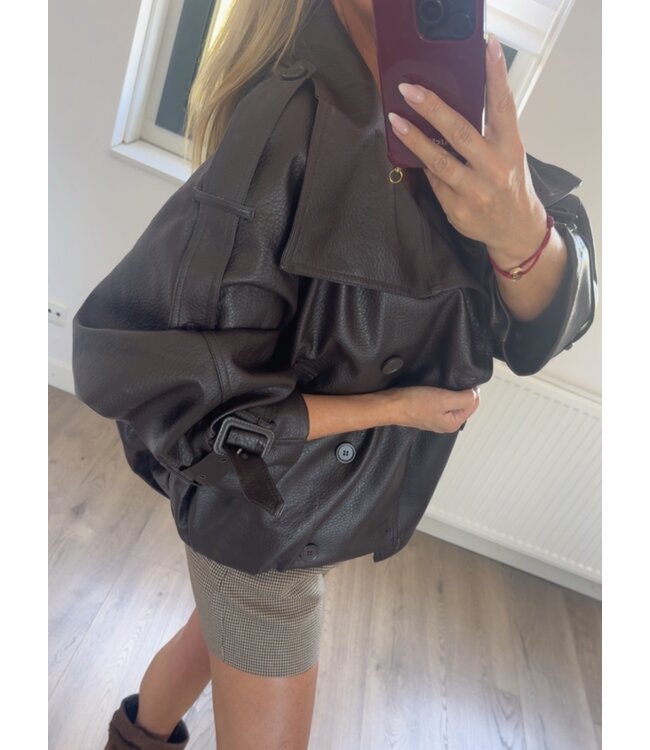 LEATHER EFFECT BOMBER JACKET CHOCOLATE
