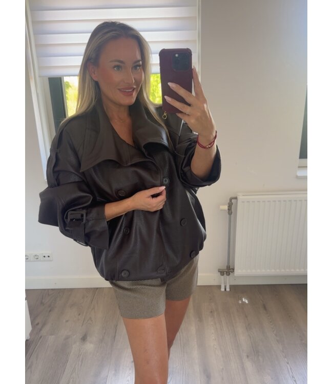 LEATHER EFFECT BOMBER JACKET CHOCOLATE