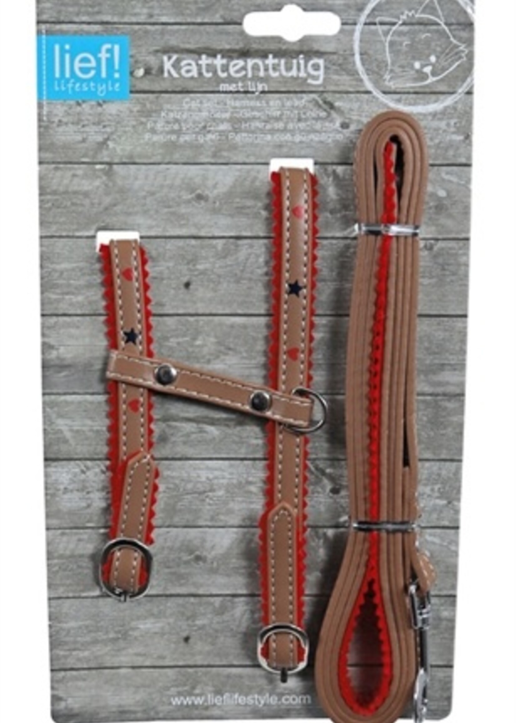 Lief! Lief! kattentuig met looplijn unisex bruin / rood onderlegd