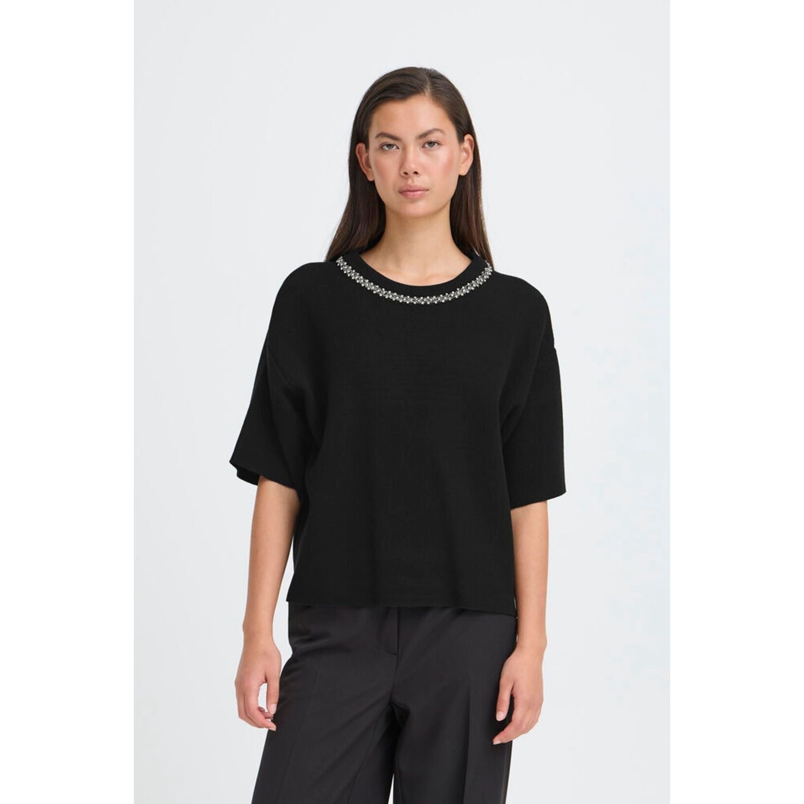 ICHI Ihdorise gebreide top parels zwart