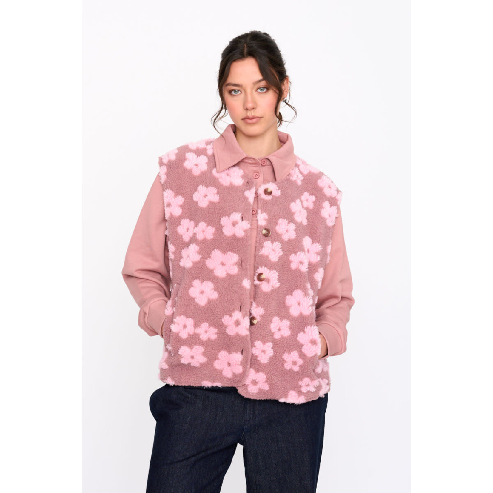 24Colours 24Colours teddy gilet flower roze