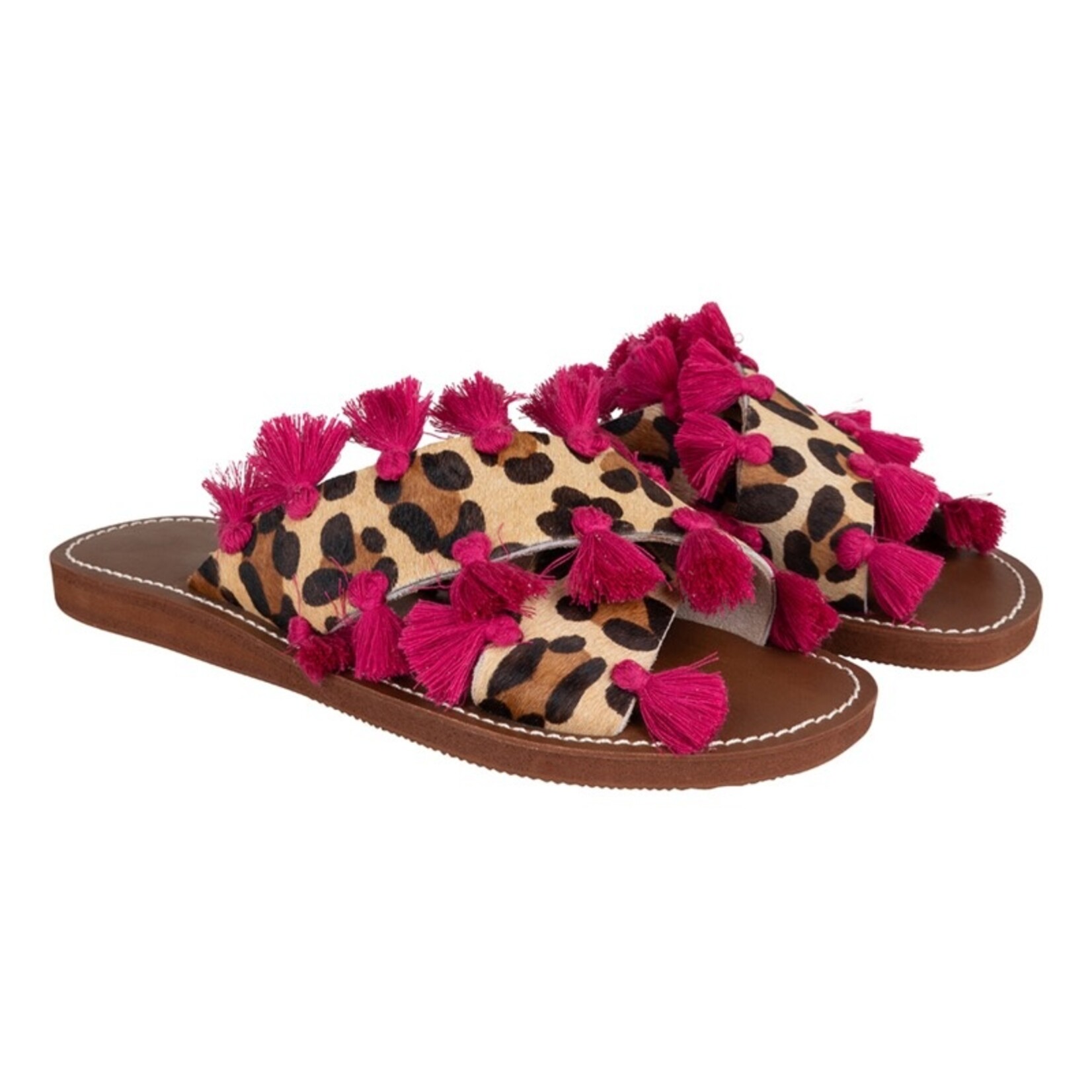 Bulu leren sandalen leopard pink