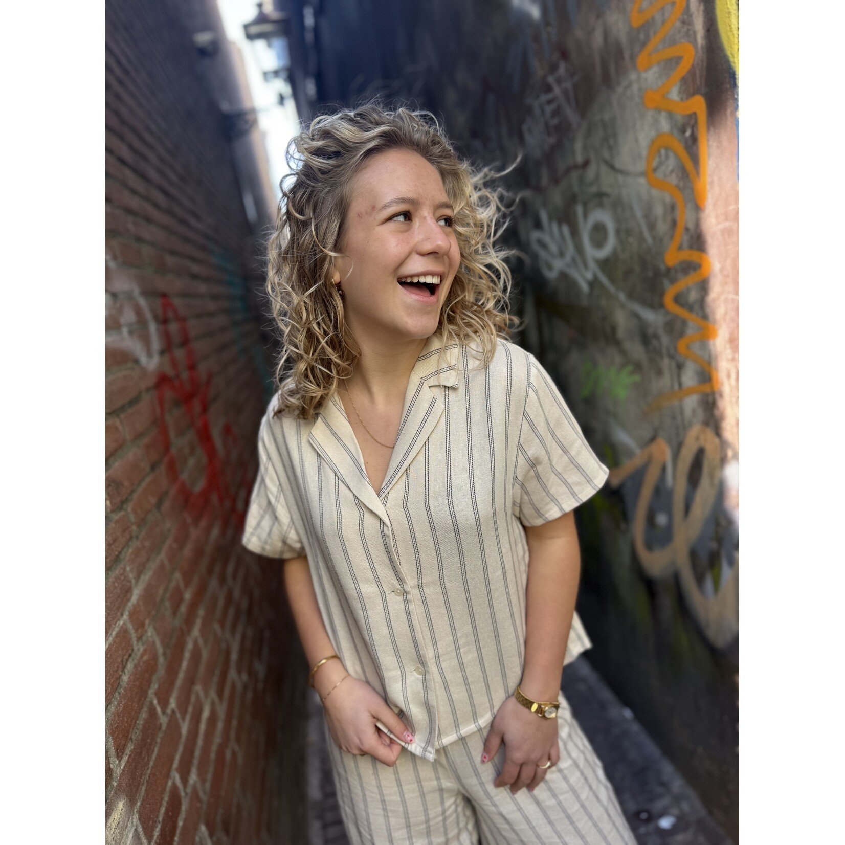 24Colours 24Colours streep blouse Manon beige