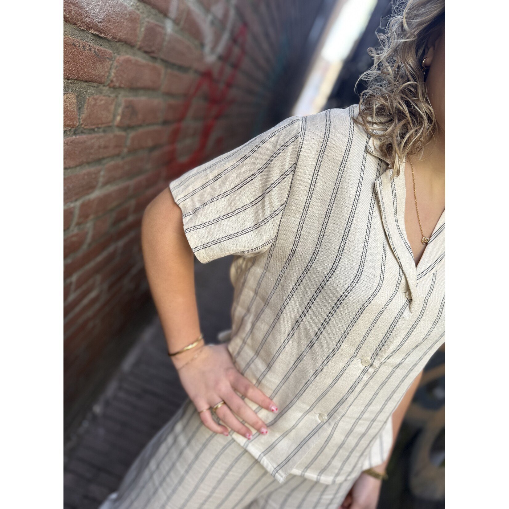 24Colours 24Colours streep blouse Manon beige