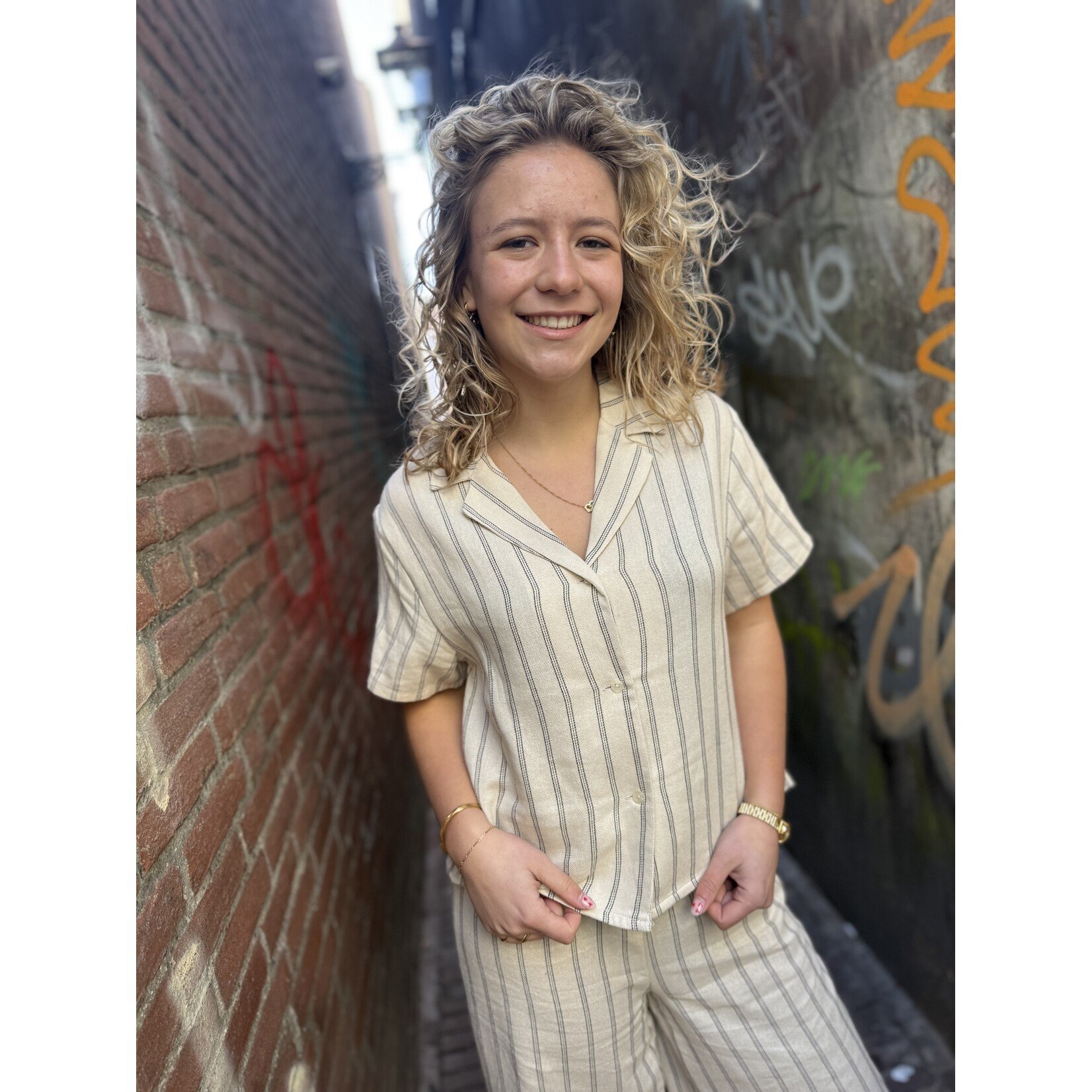 24Colours 24Colours streep blouse Manon beige