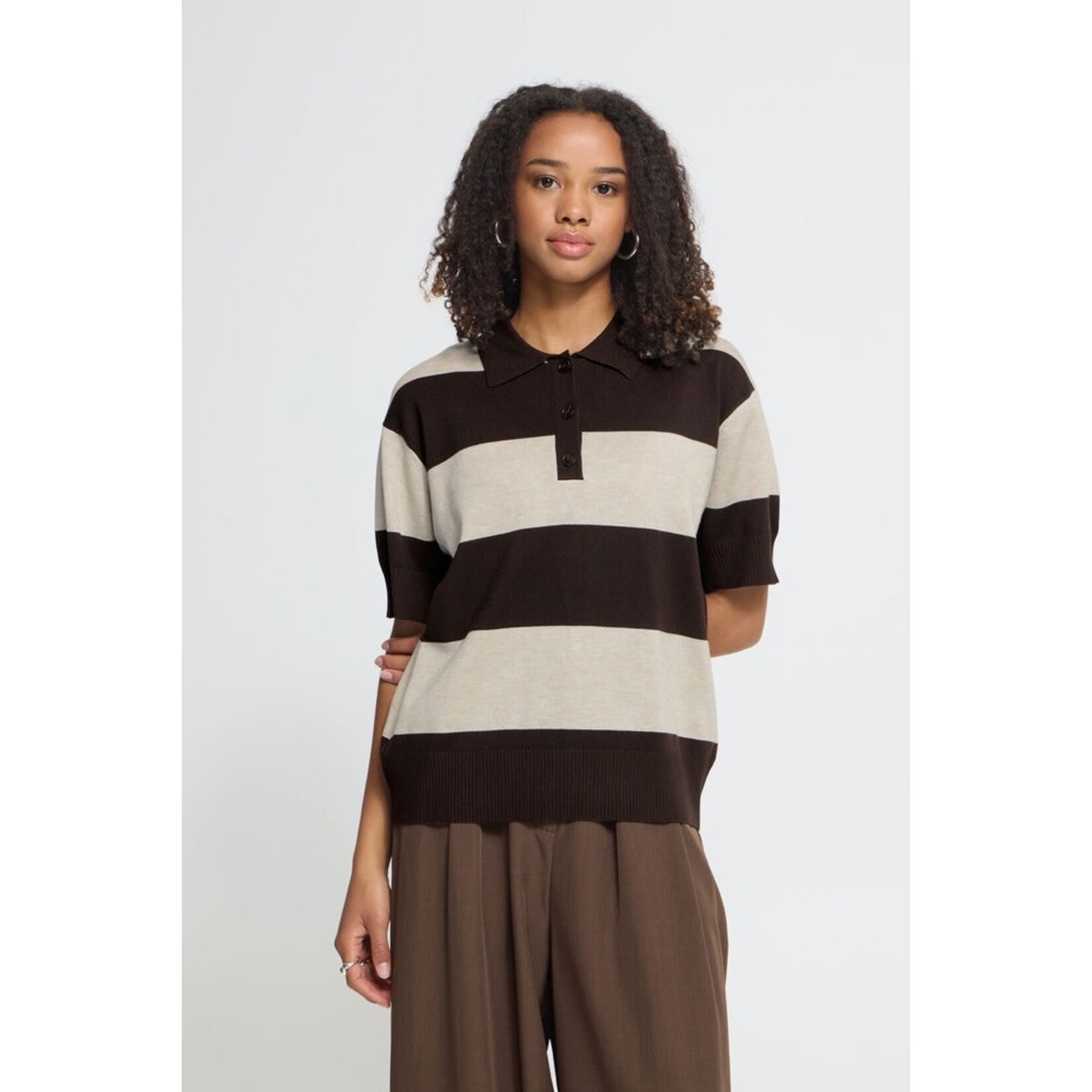 ICHI Ihluls polo shirt bruin streep