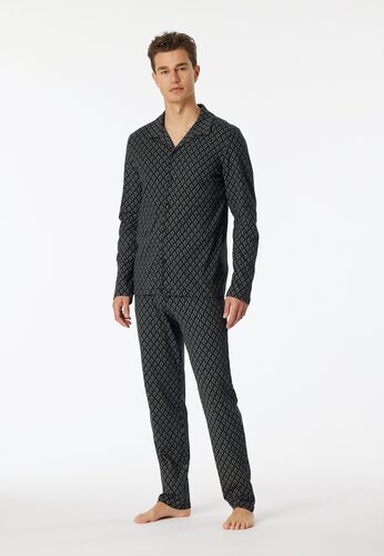 SCHIESSER Fine Interlock pyjamaset - heren pyjama lange interlock knoopsluiting nachtblauw gedessineerd - Maat: S