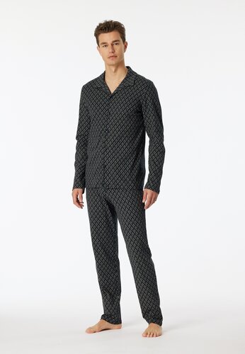 SCHIESSER Fine Interlock pyjamaset - heren pyjama lange interlock knoopsluiting nachtblauw gedessineerd - Maat: M