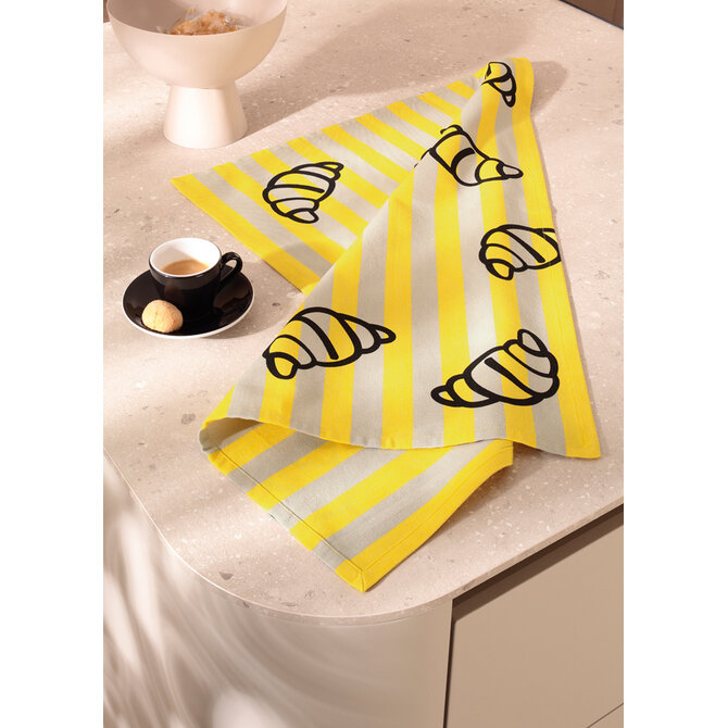 Cawö Prints & Stripes Croissants Theedoek 544 stein/geel 50x70