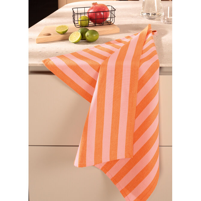 Cawö Prints & Stripes Streifen Theedoek 546 rosa/orange 50x70