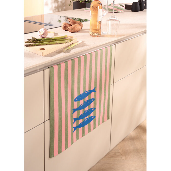 Cawö Prints & Stripes Sardinen Theedoek 543 olive/rosa 50x70