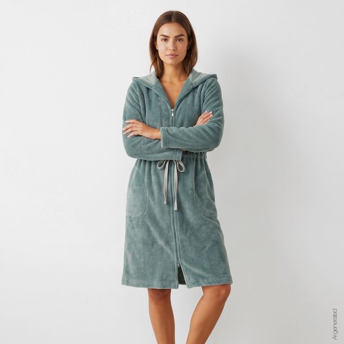 Cawö Home Dames Korte badjas met Capuchon en Ritssluiting 822 gletscher 36/38