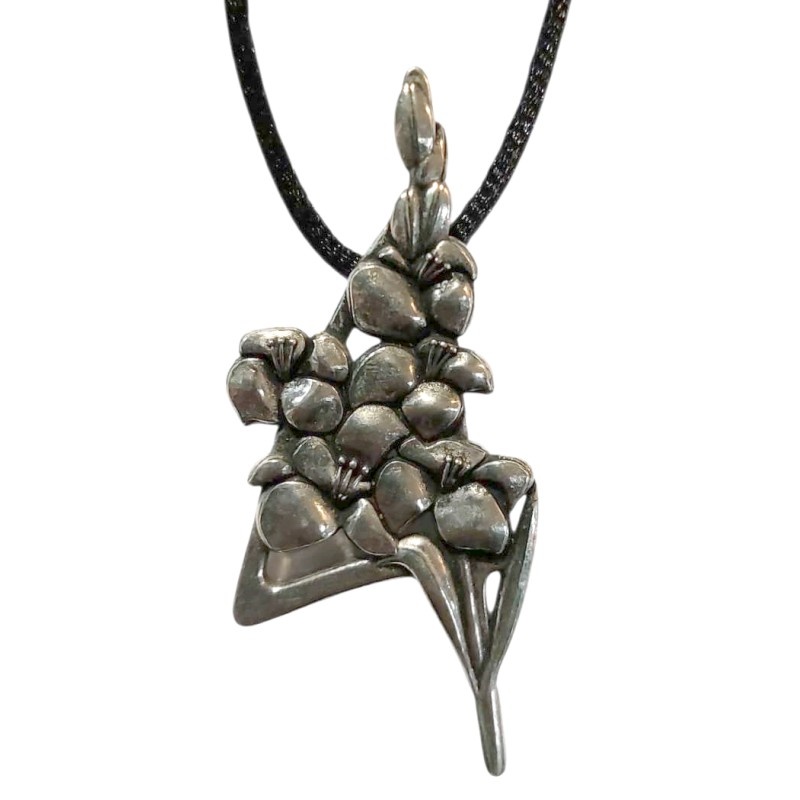 DTR Satin necklace with pewter pendant of bunch of gladiolus