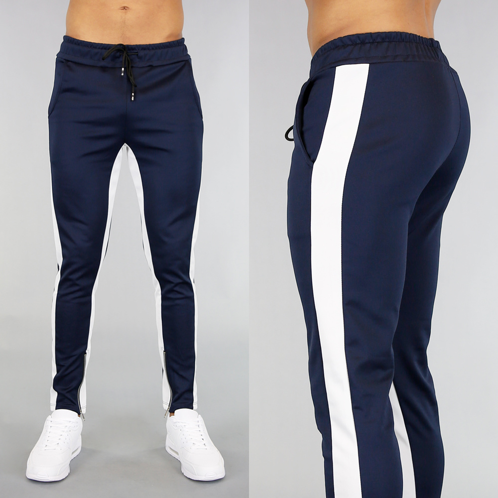 Navy Heren Joggingbroek met Witte Strepen - Black-Leo.nl