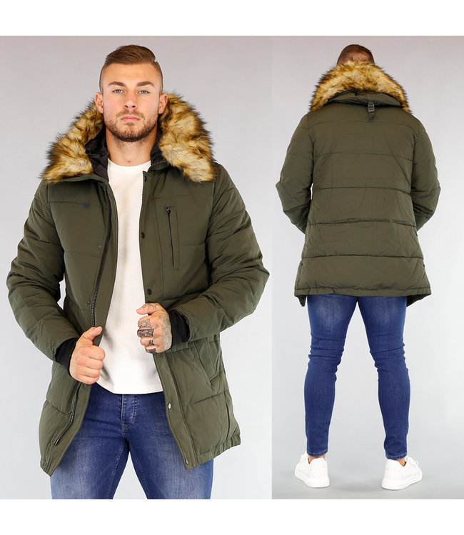 Kaki Heren Parka met Afneembaar Bont