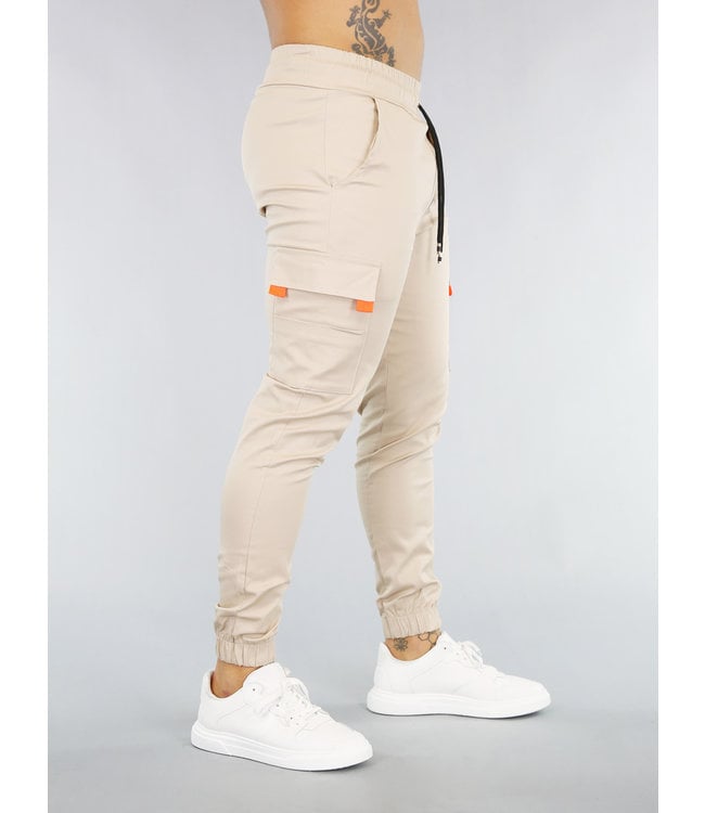 Lastig kat Transparant Beige Heren Cargo Broek met Oranje Details - Black-Leo.nl