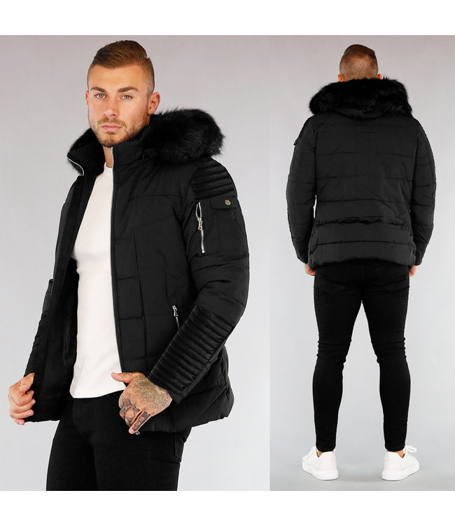 Zwarte Lederlook Winterjas met Bont - Black-Leo.nl