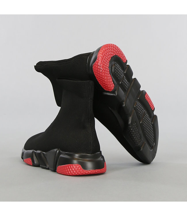 !SALE50 Zwarte Heren Sock Sneakers met Zwart/Rode Zool