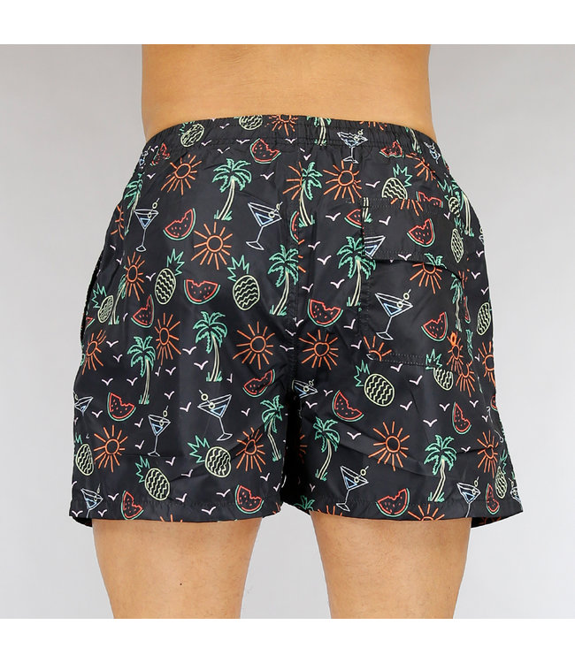 Korte Zwarte Heren Zwembroek met Neon print