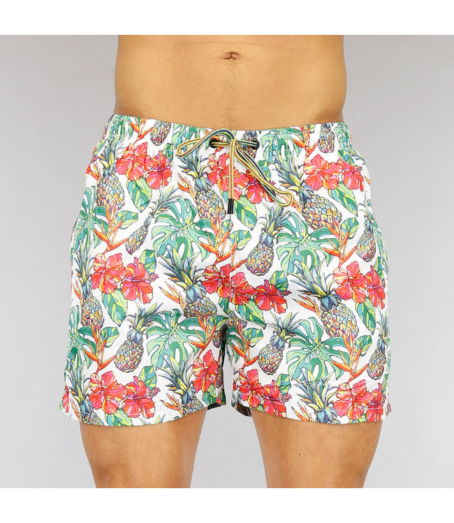 Korte Witte Heren Zwembroek met Tropical Print