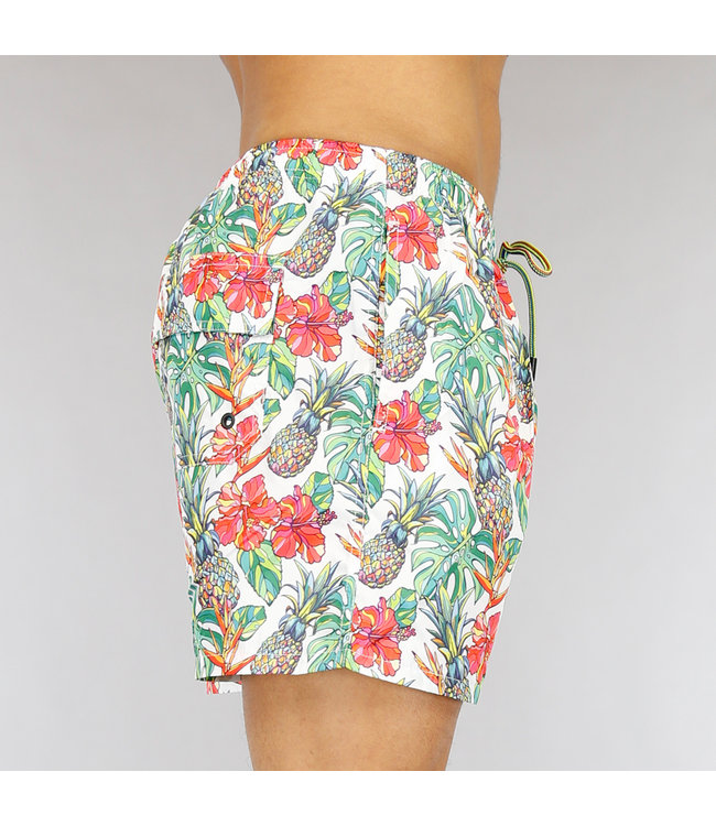 Korte Witte Heren Zwembroek met Tropical Print
