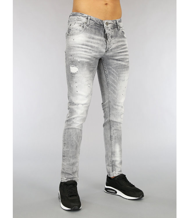 !OP=OP Lichtgrijze Heren Jeans met Scheuren en Verfspatten