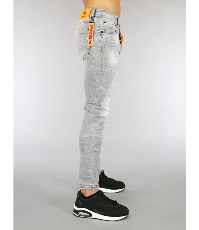 !OP=OP Grijze Heren Jeans met Oranje Details en Verfspatten