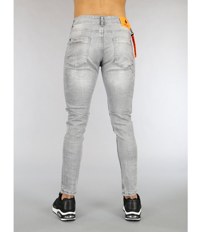 !OP=OP Grijze Heren Jeans met Oranje Details en Verfspatten