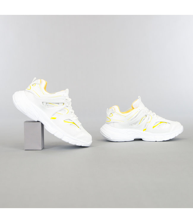 Wit/Gele Grove Heren Sneakers met Dubbele Veter