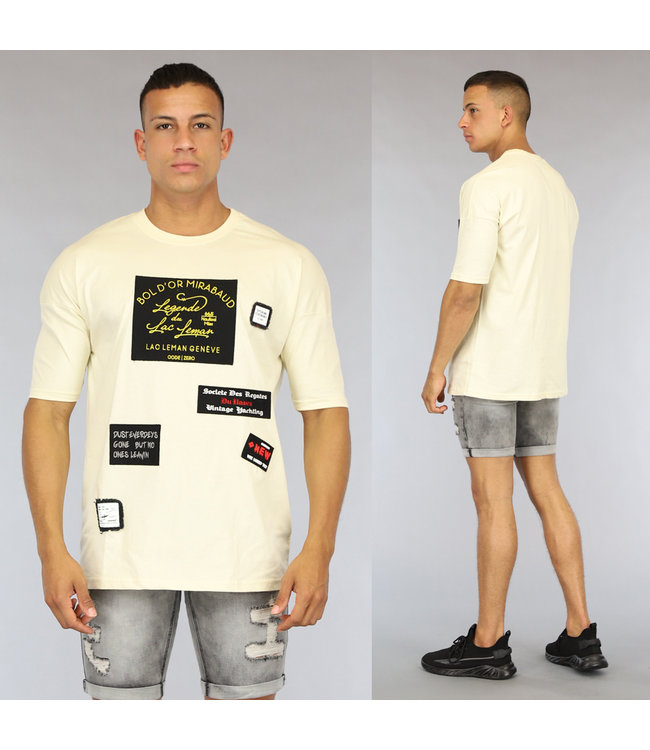 Ecru Oversized Heren Shirt met Emblemen