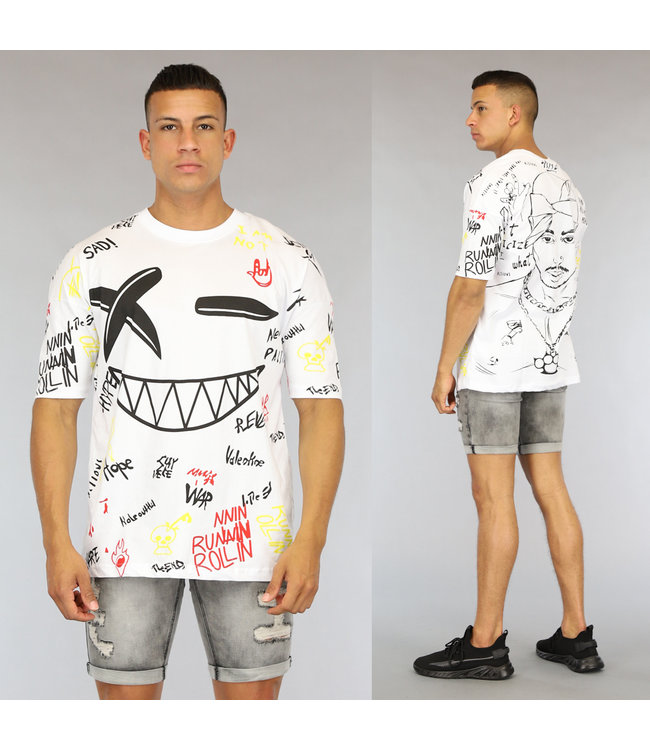 !OP=OP Wit Oversized Graffiti Heren Tupac Shirt