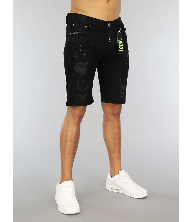 Zwarte Ripped Heren Jeans Short met Groene Details
