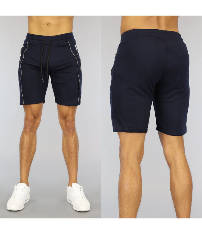 Donkerblauwe Heren Jogger Short met Zilveren Ritsen