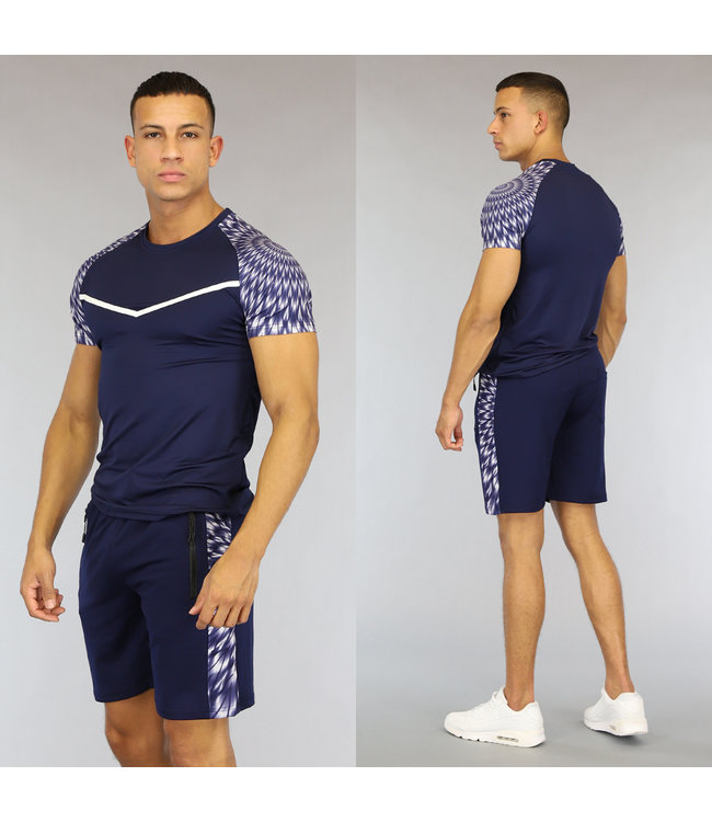 Blauw Heren Trainingstenue met Grijze Print