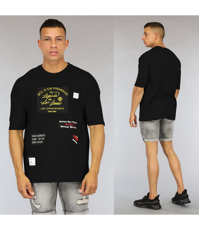 Zwart Oversized Heren Shirt met Emblemen