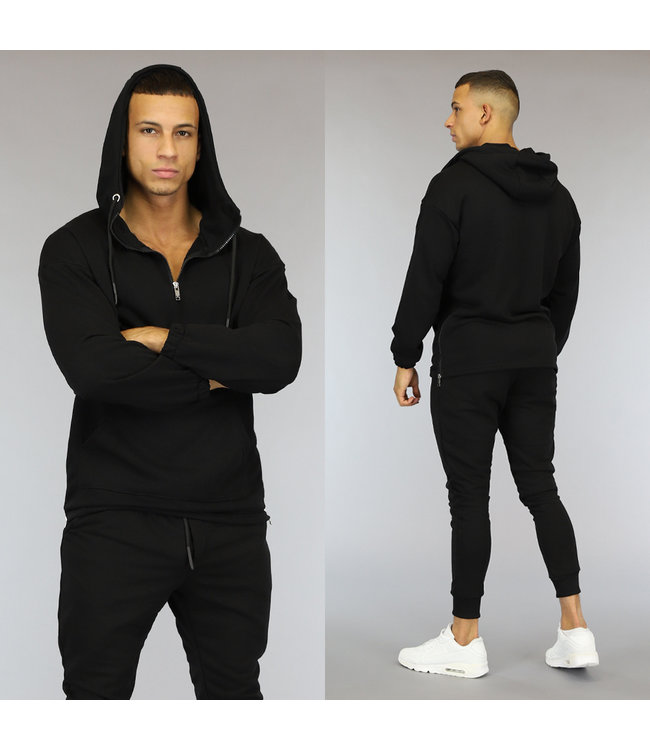 Zwarte Heren Hoodie met Ritsen
