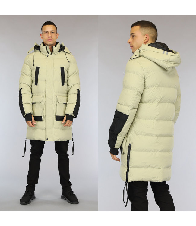 Lange Beige Gewatteerde Heren Winterjas - Black-Leo.nl