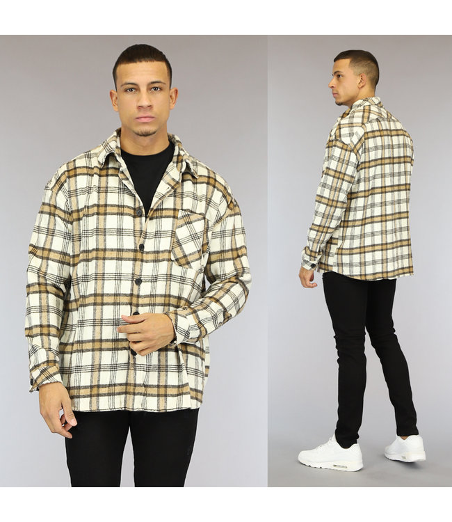 Ecru Flanellen Heren Blok Overshirt