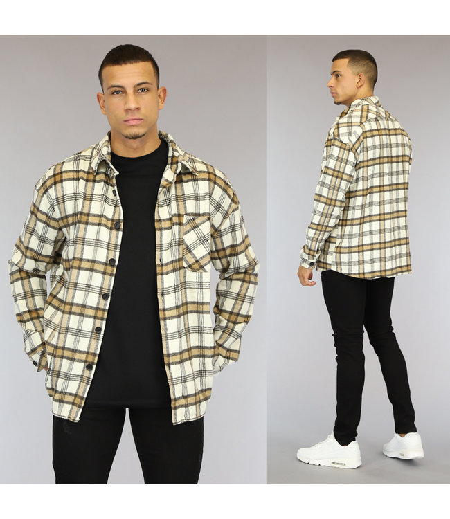 Ecru Flanellen Heren Blok Overshirt
