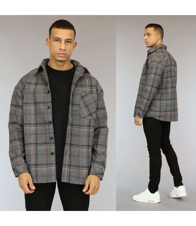Grijs Tweed Heren Overshirt met Gestikt Ruitpatroon