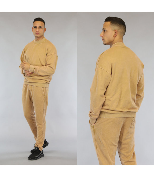Camel Acid Wash Jogger Set met Sweater Black Leo
